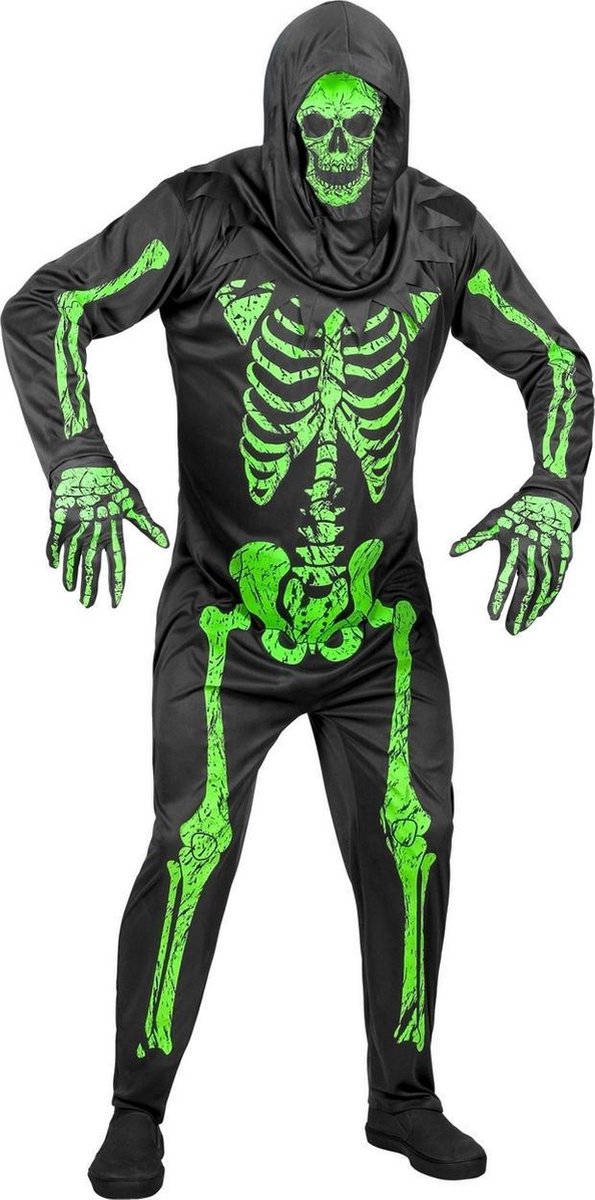 Spook & Skelet Kostuum | Gruwelijk Groen Neon Skelet | Man | Extra Small | Halloween | Verkleedkleding